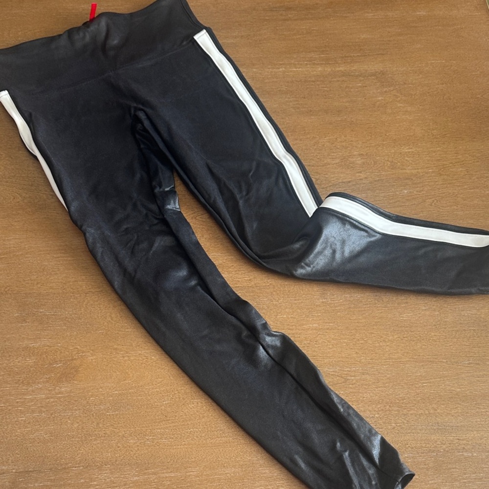SPANX Sleek Black Leggings with White Stripes